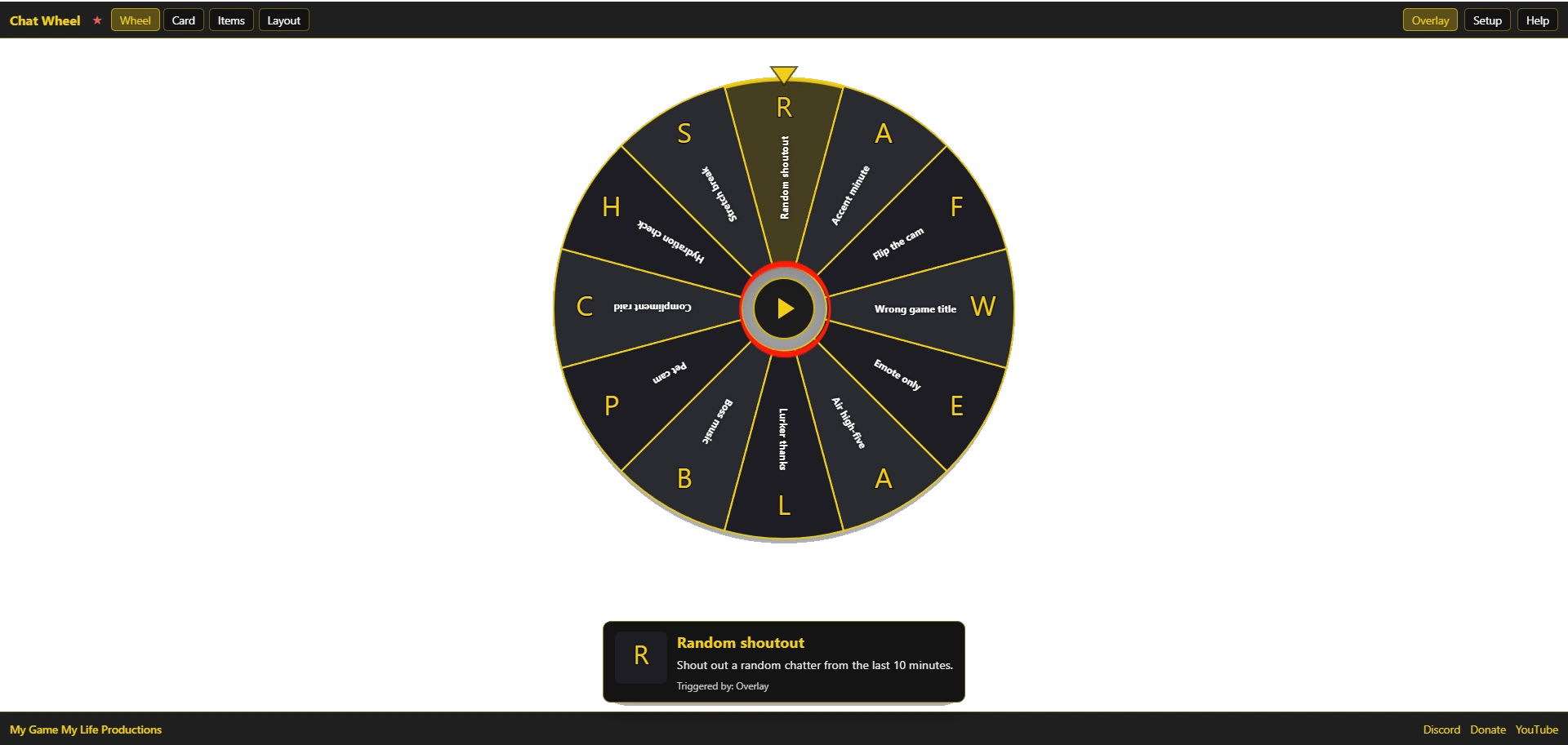 Wheel after a spin with the result card showing the winning option