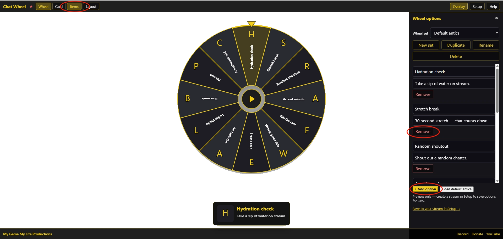 Items drawer listing wheel options with label and description fields