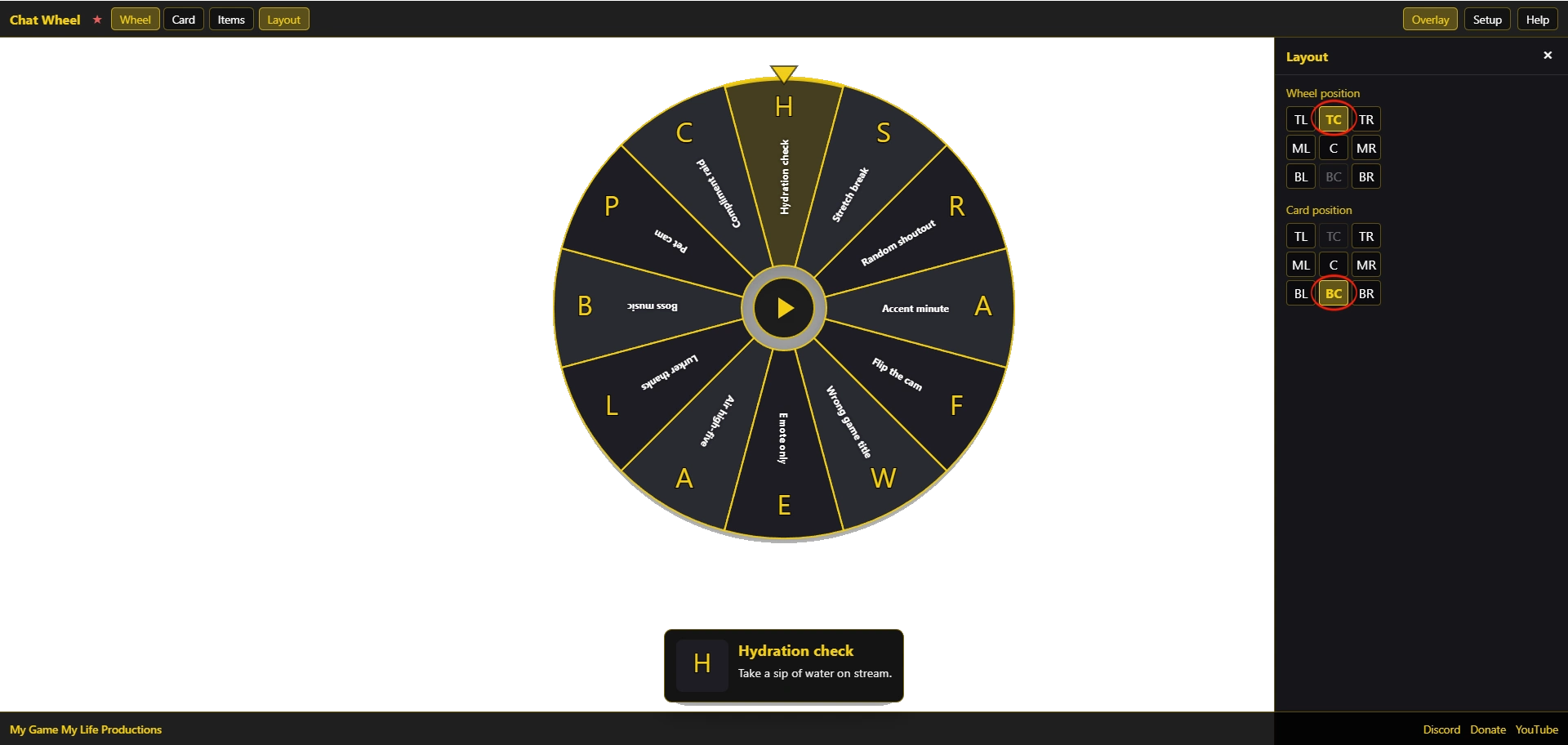Layout drawer with nine-position grids for wheel and card