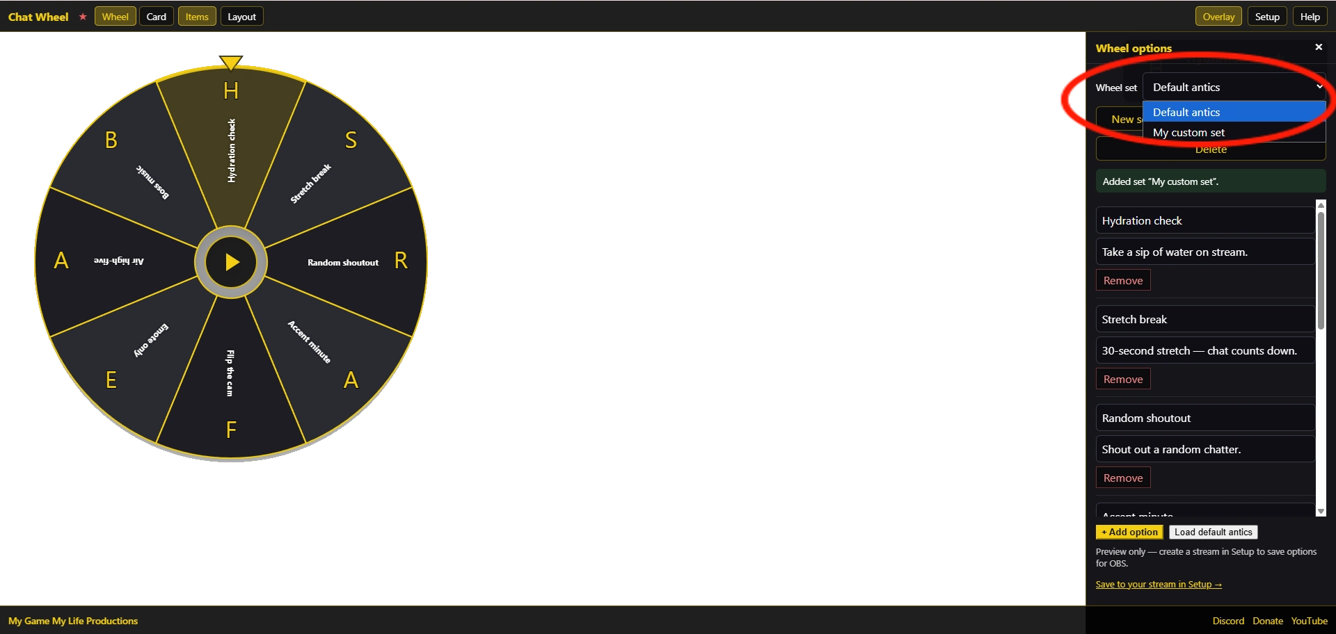 Wheel set dropdown in the Items panel