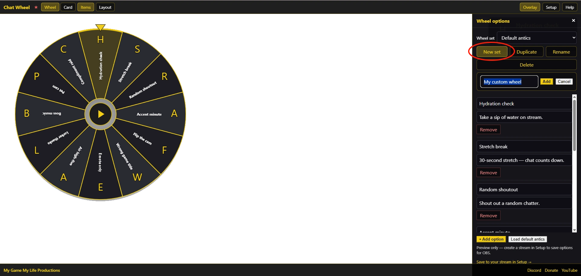 New set name field with Add and Cancel buttons