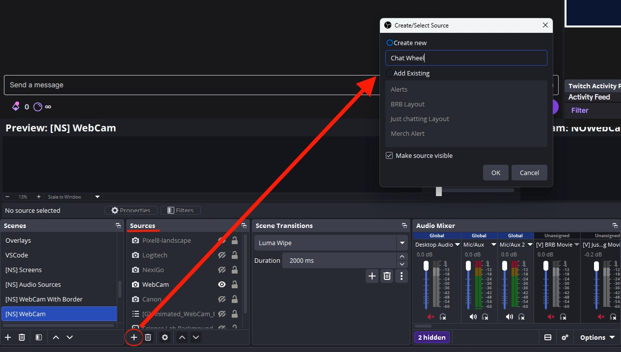 OBS menu to add a Browser source