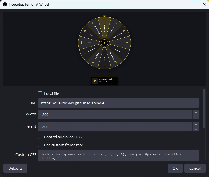 OBS Browser source properties with URL field