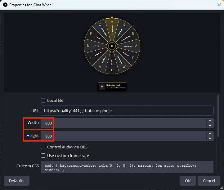 OBS Browser source width and height fields