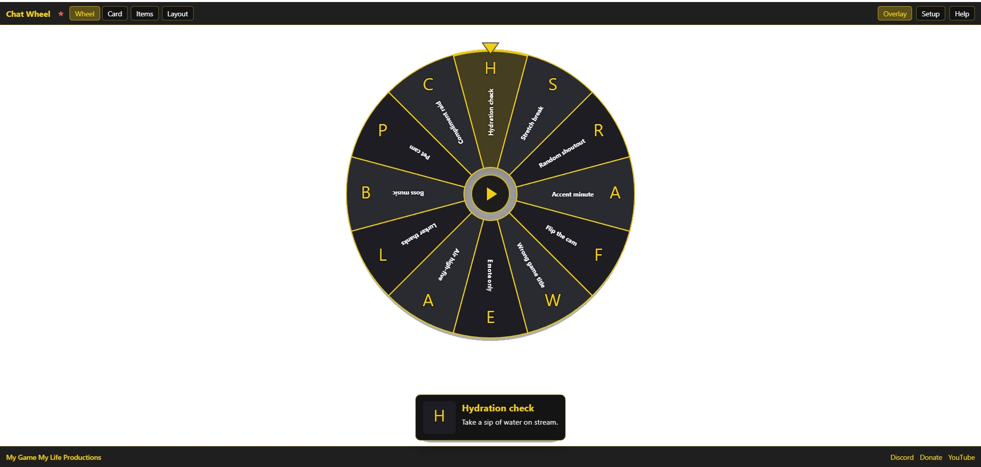 Wheel view with the spin wheel and result card visible